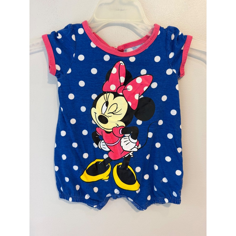Disney Baby Minnie Mouse Blue Polka Dot Romper 3-6M Short Sleeve One Piece